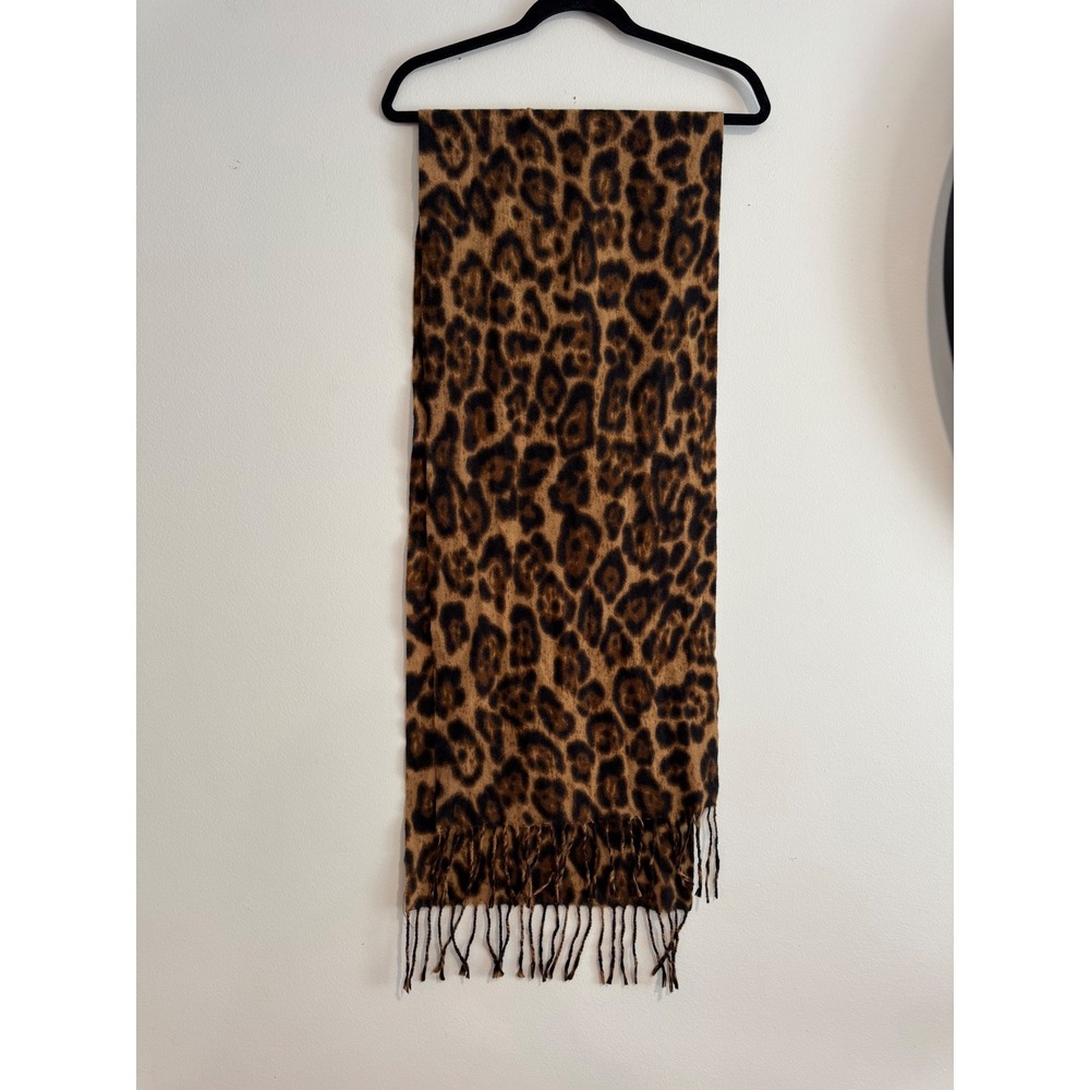 Fall soft Leopard Print Scarf Womens Brown Cashmere Blend Fringe Trim cheetah